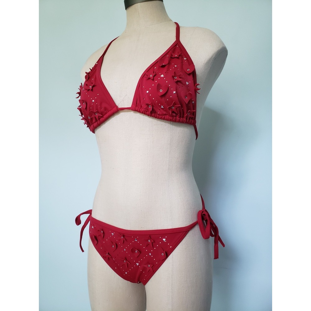 VTG Y2K Victoria's Secret Women's‎ L Triangle Bikini Set Red Studded Cutouts